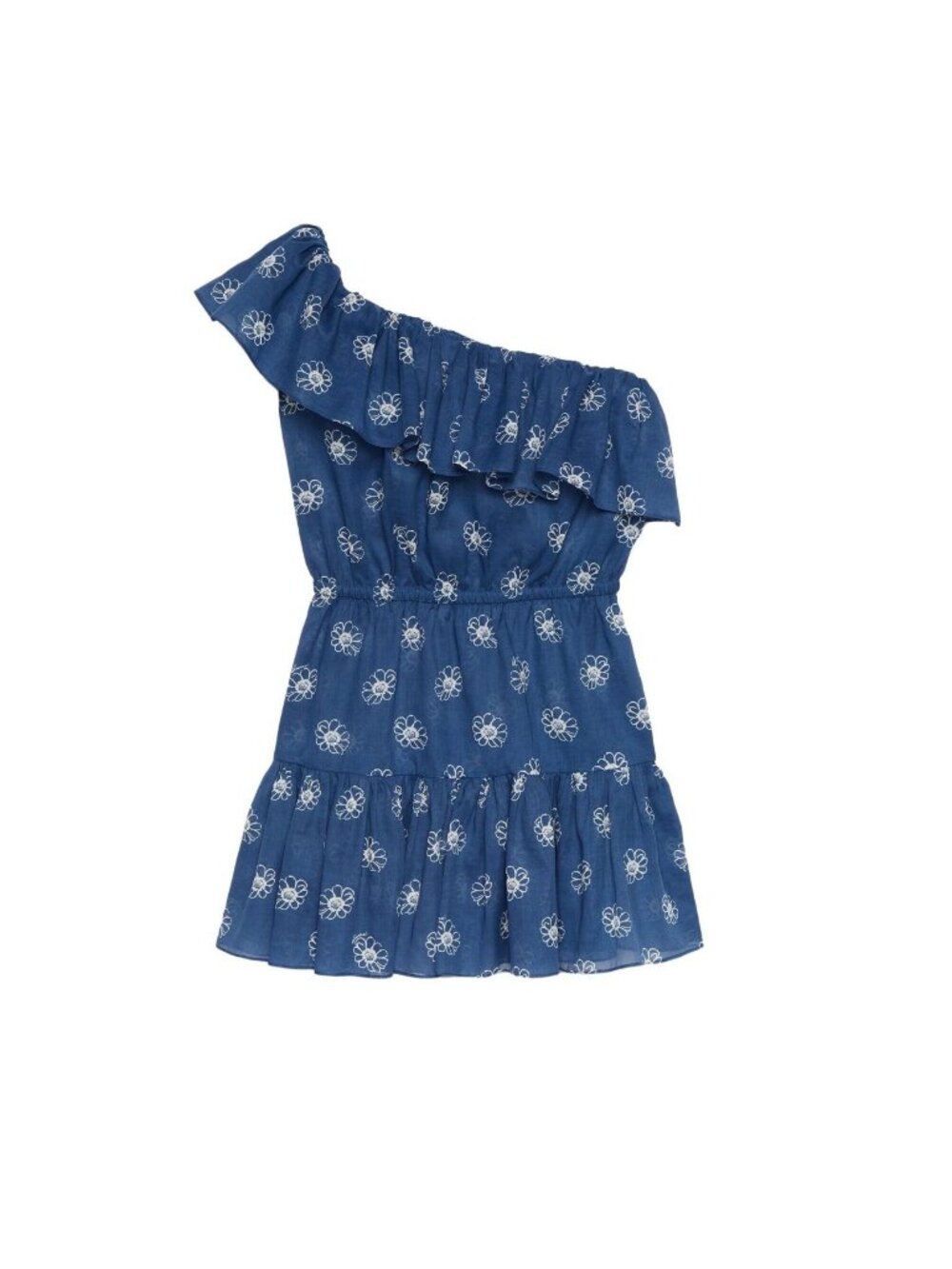 Gucci Daisy Print One-Shoulder Ruffle Cotton Mini Dress Blue Ivory EU40 728127